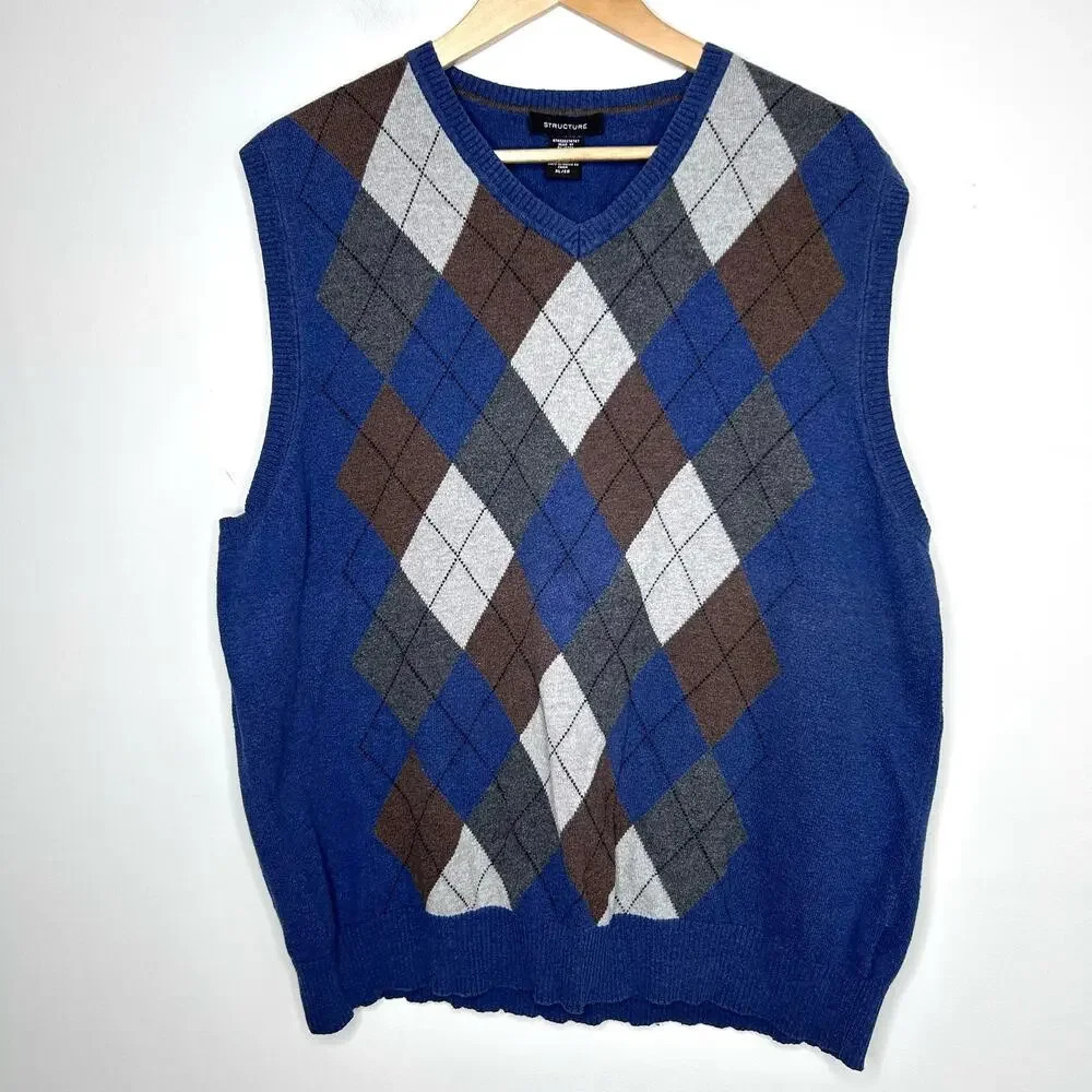 Structure Wool Old Money‎ Preppy Argyle Sweater Vest Men's XL Academia Heritage